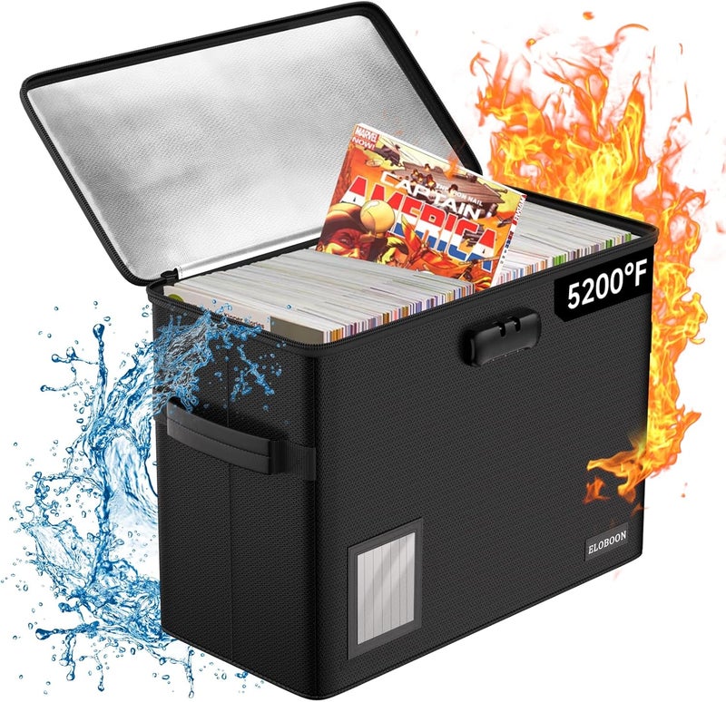 ELOBOON 5200 Fireproof Book Storage for 150-175 Comics, Water-Resistant & Moistureproof Stackable Box With Label Window and Lock, Sturdy Short Case With Fire Zipper, Black - Image 1
